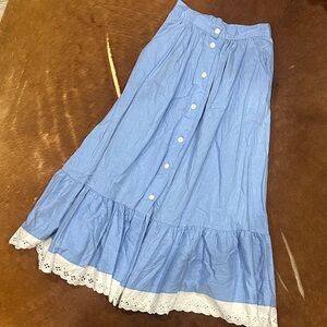 Chic Blue A-Line Skirt with Lace Hem prairie style vintage
